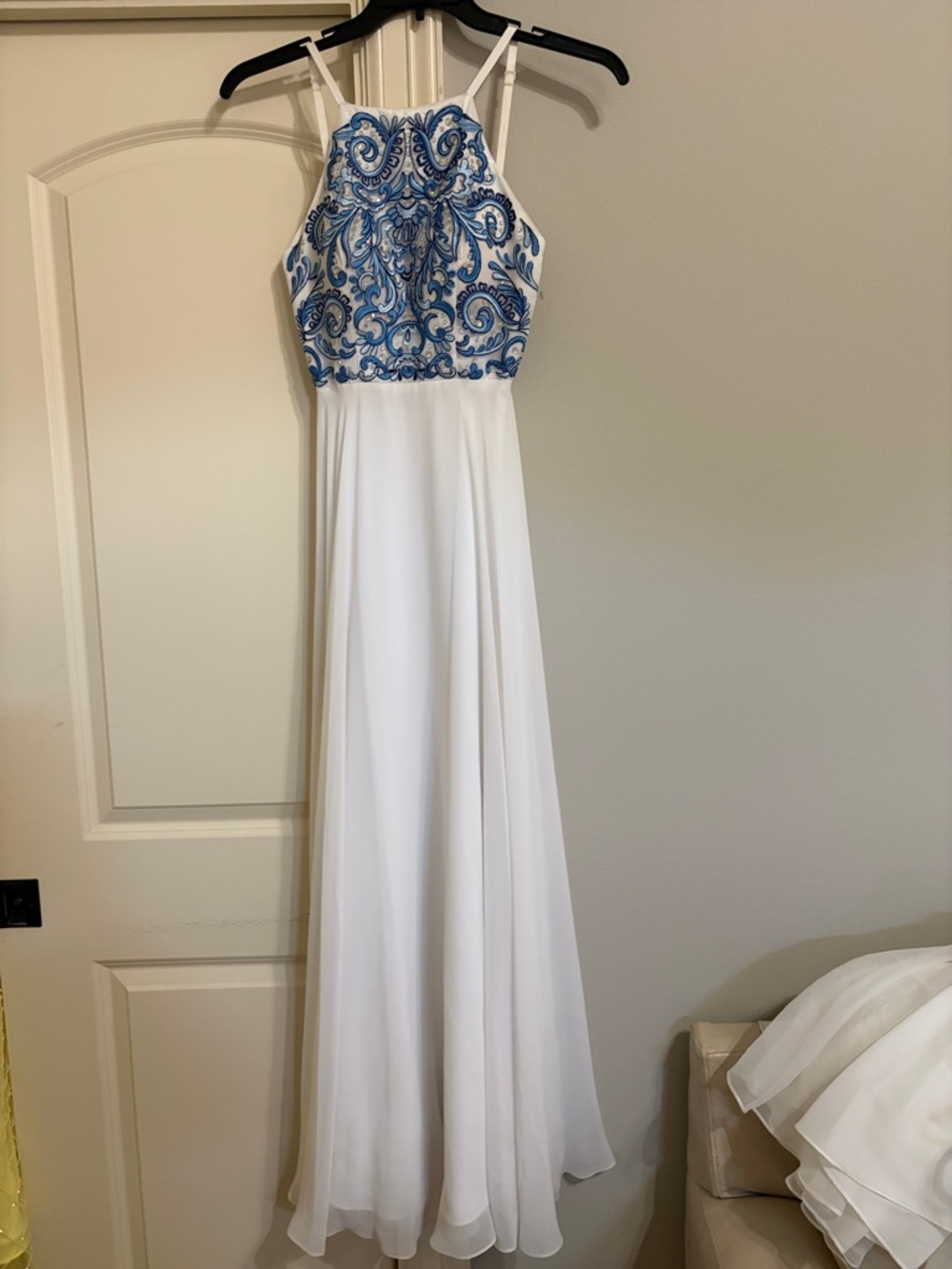 Xscape White Dress with Blue Embroidered Sequin Bodice
